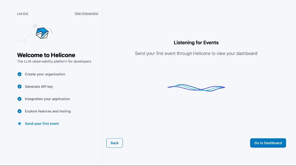 Helicone listening to events during onboarding to make sure everything is integrated correctly.