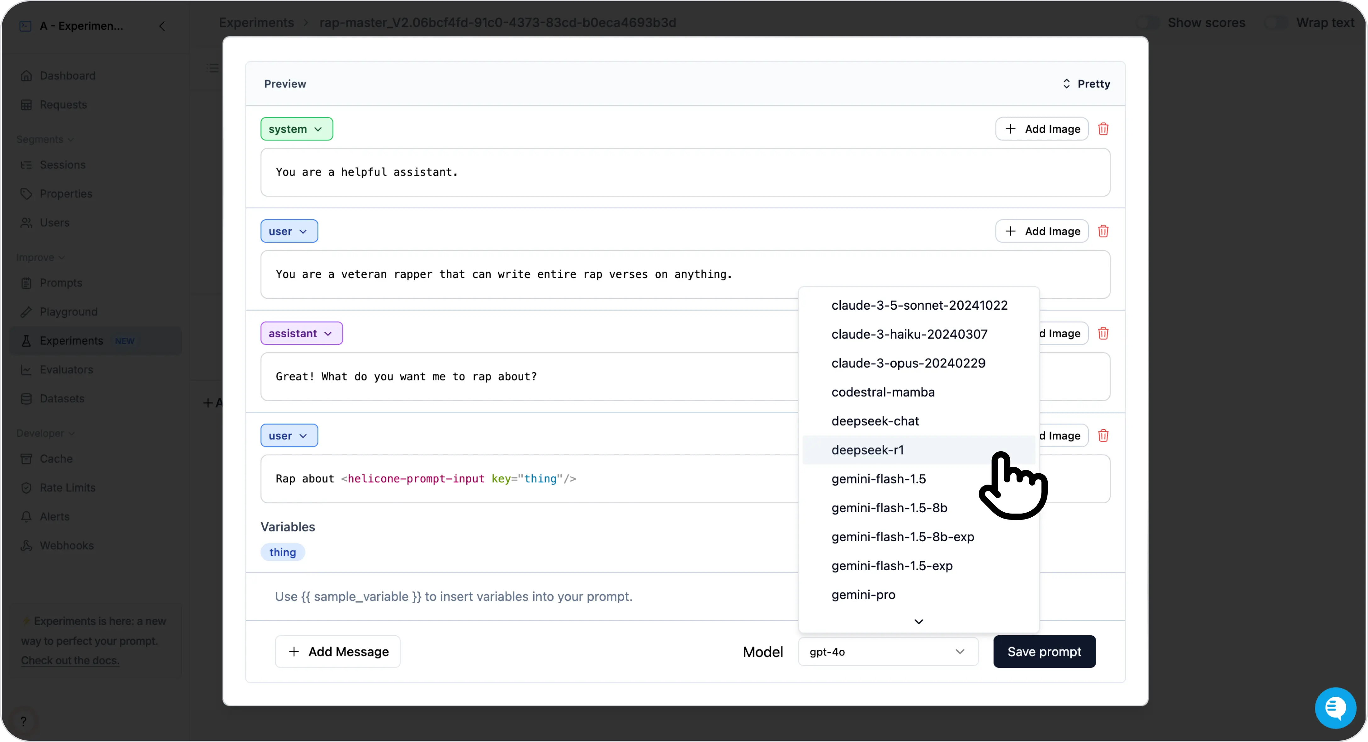 Change the model to DeepSeek R1 in Experiments